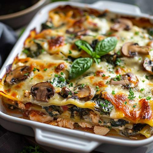 Lasagnes aux champignons et au poulet